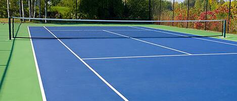 Un court de tennis avec un filet, entouré d’arbres et d’une clôture.