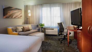Premium bedding, desk, blackout drapes, iron/ironing board