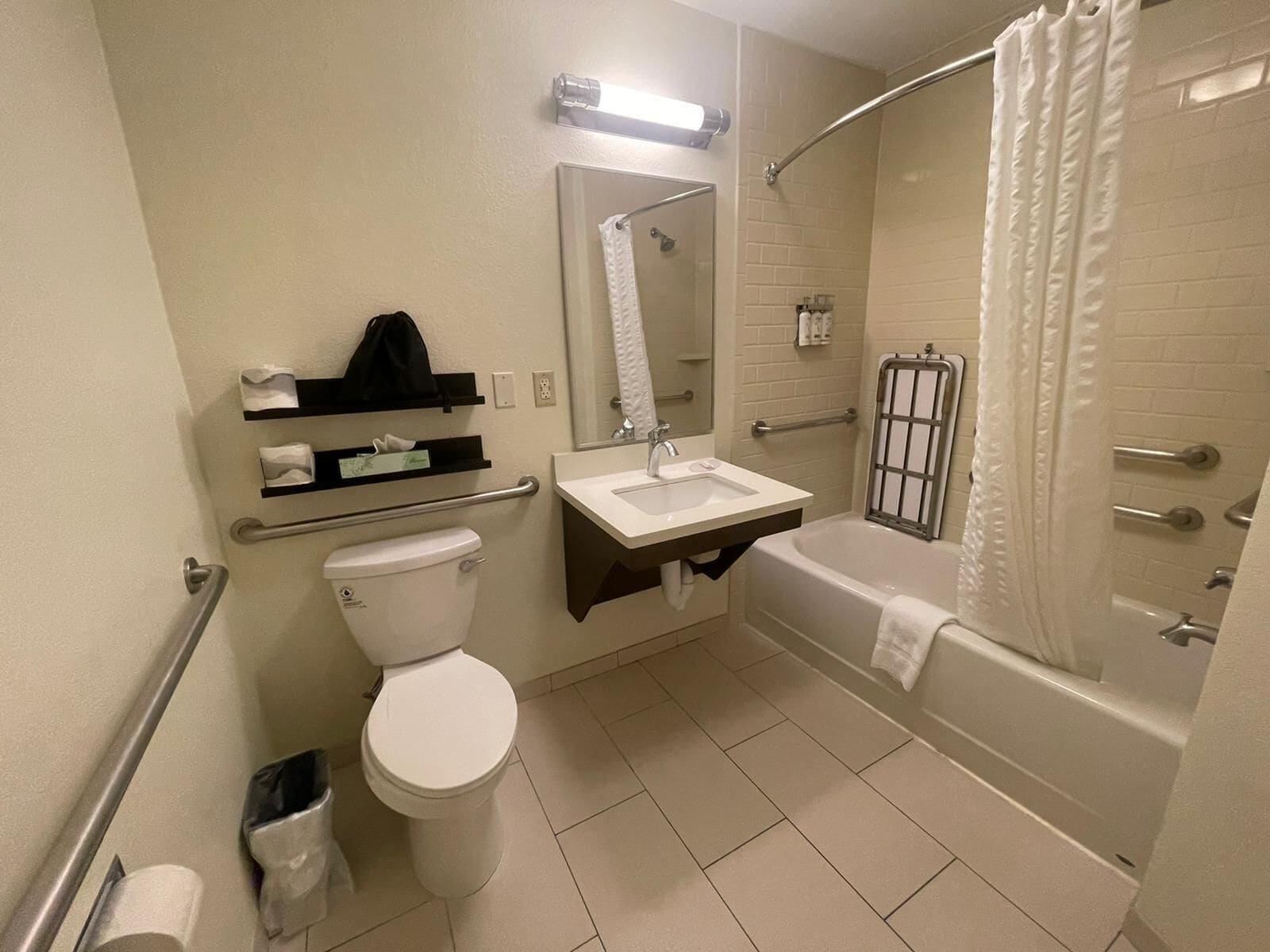 combined shower/bathtub, free toiletries, hair dryer, towels