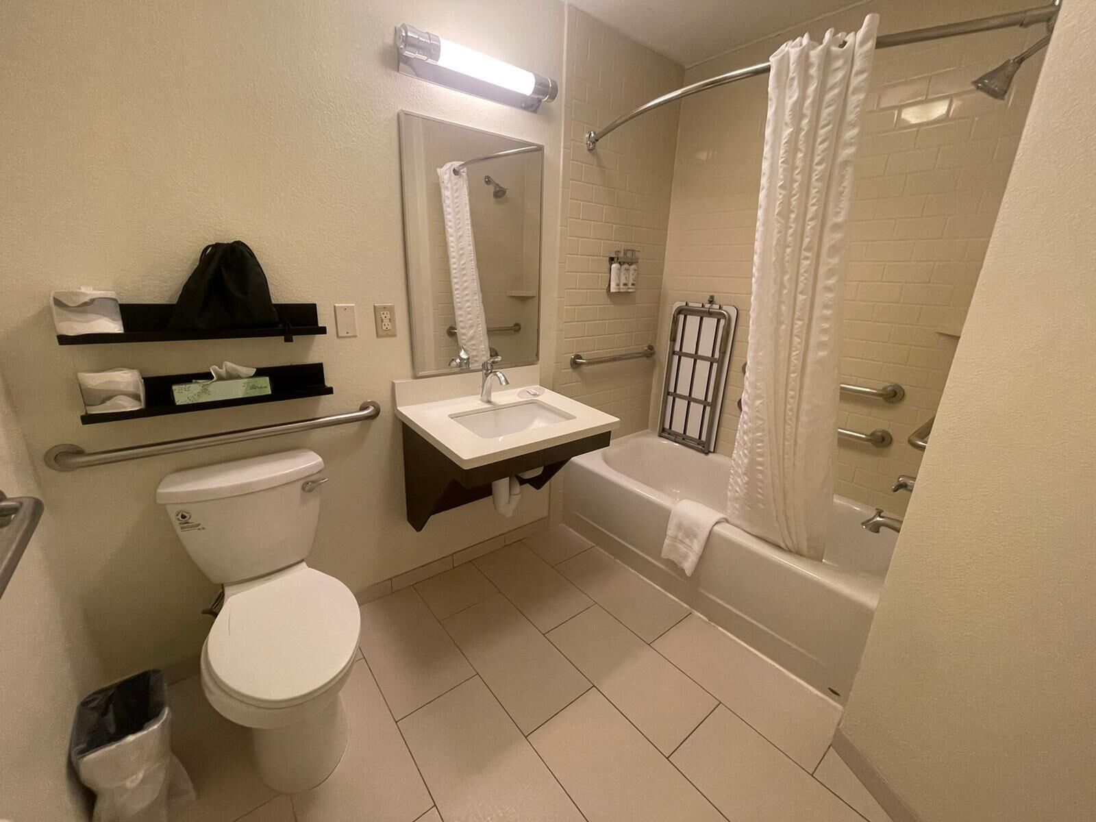 combined shower/bathtub, free toiletries, hair dryer, towels