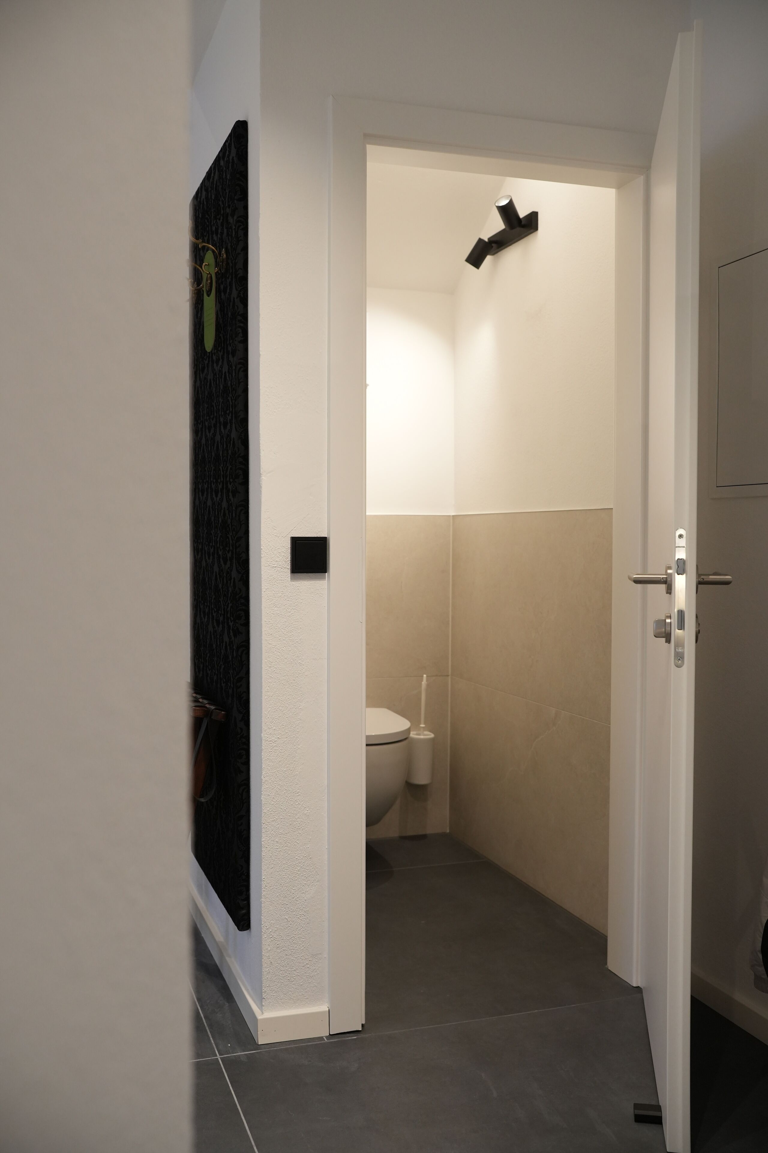 A narrow bathroom with a toilet, a shower area, and a towel rack.