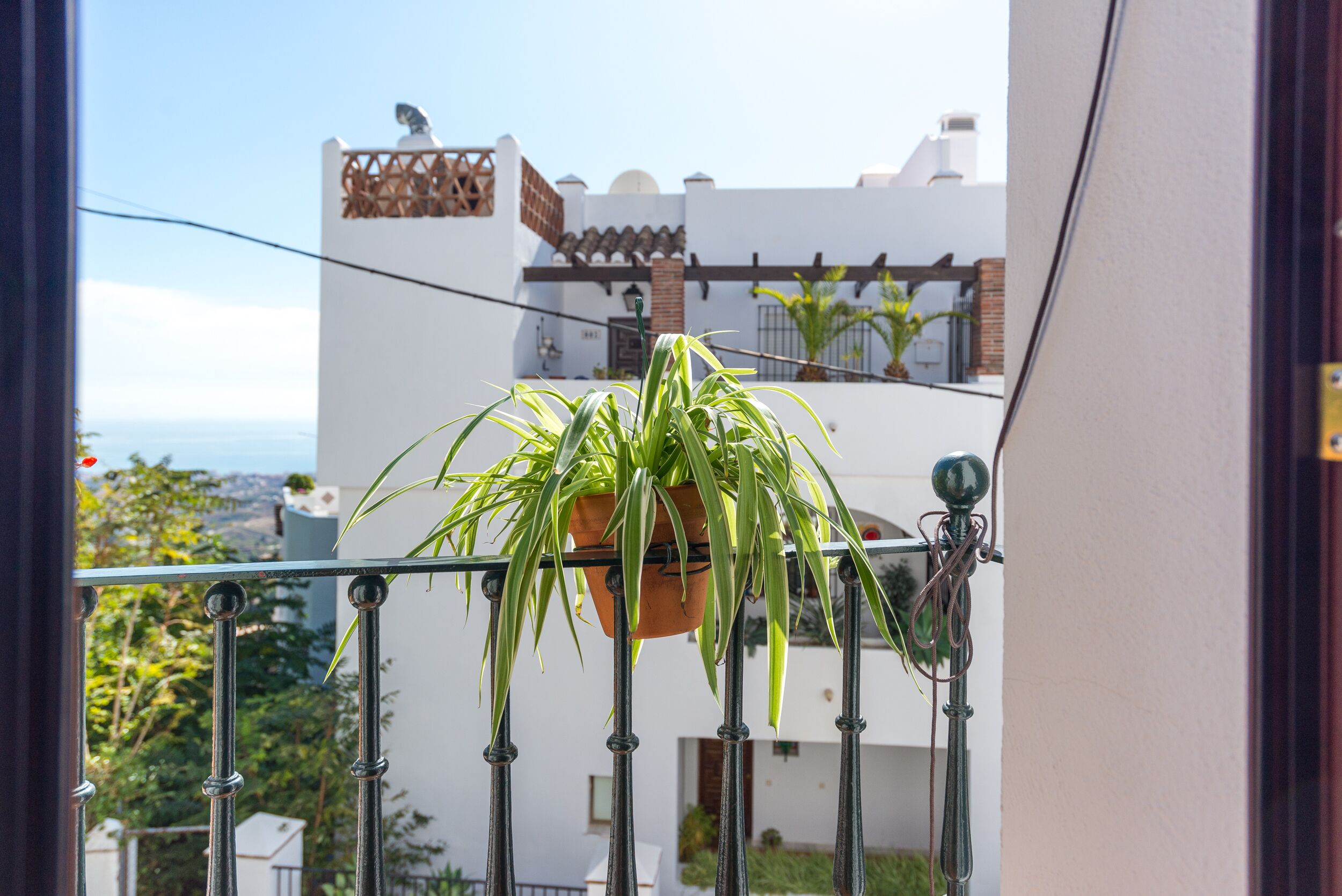 A balcony with a hanging plant, a metal railing, and a view of a white building with a brown roof and a satellite dish.
