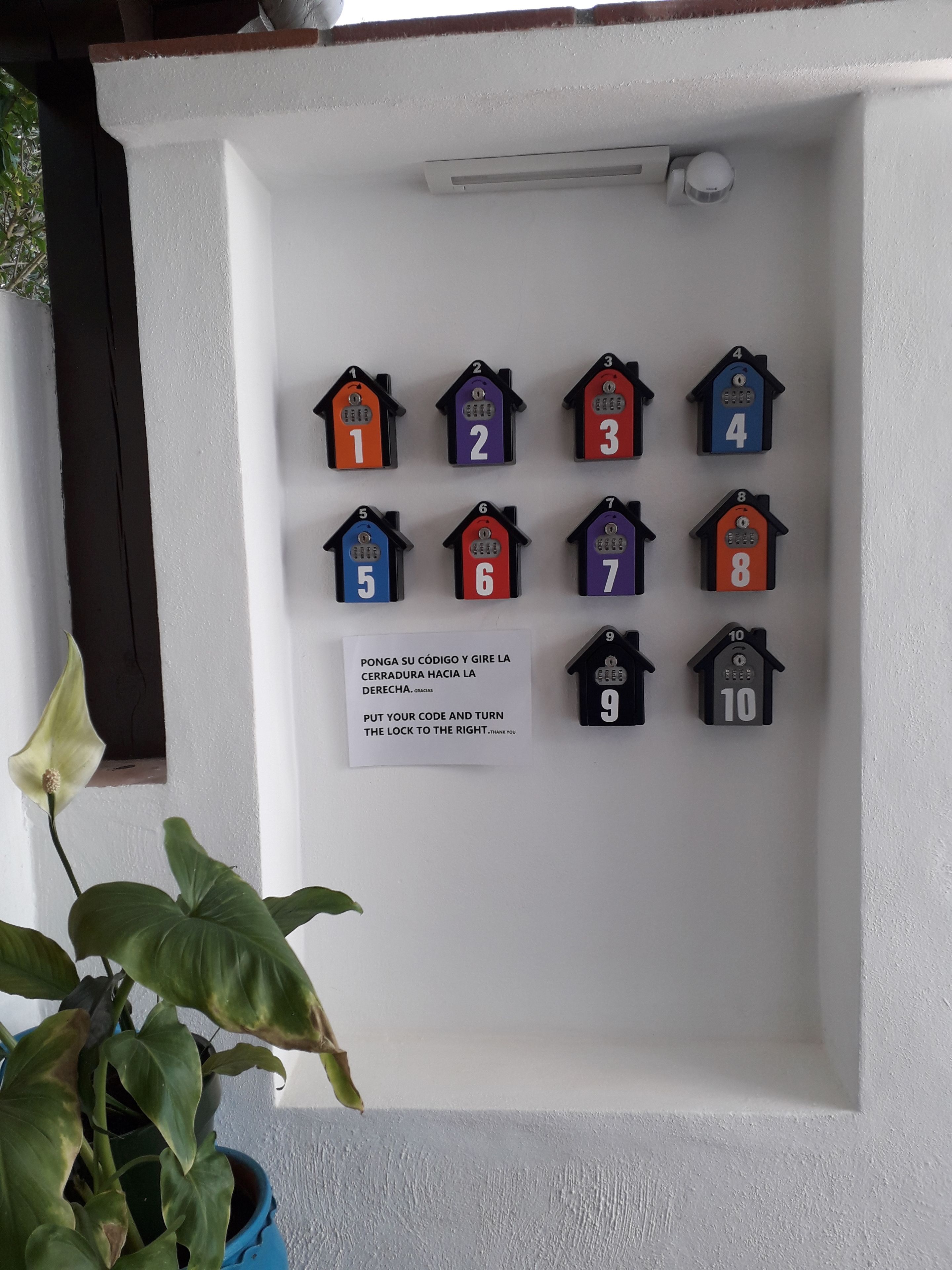 A wall with numbered house-shaped objects, a sign with instructions in Spanish, and a potted plant.