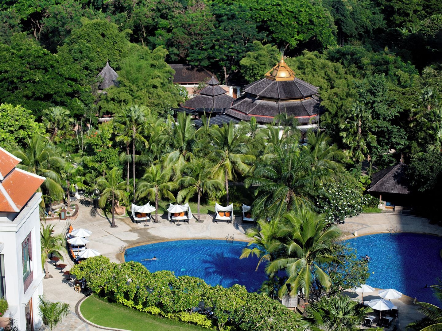 Un resort con una amplia piscina rodeada de palmeras y zonas de estar cubiertas.
