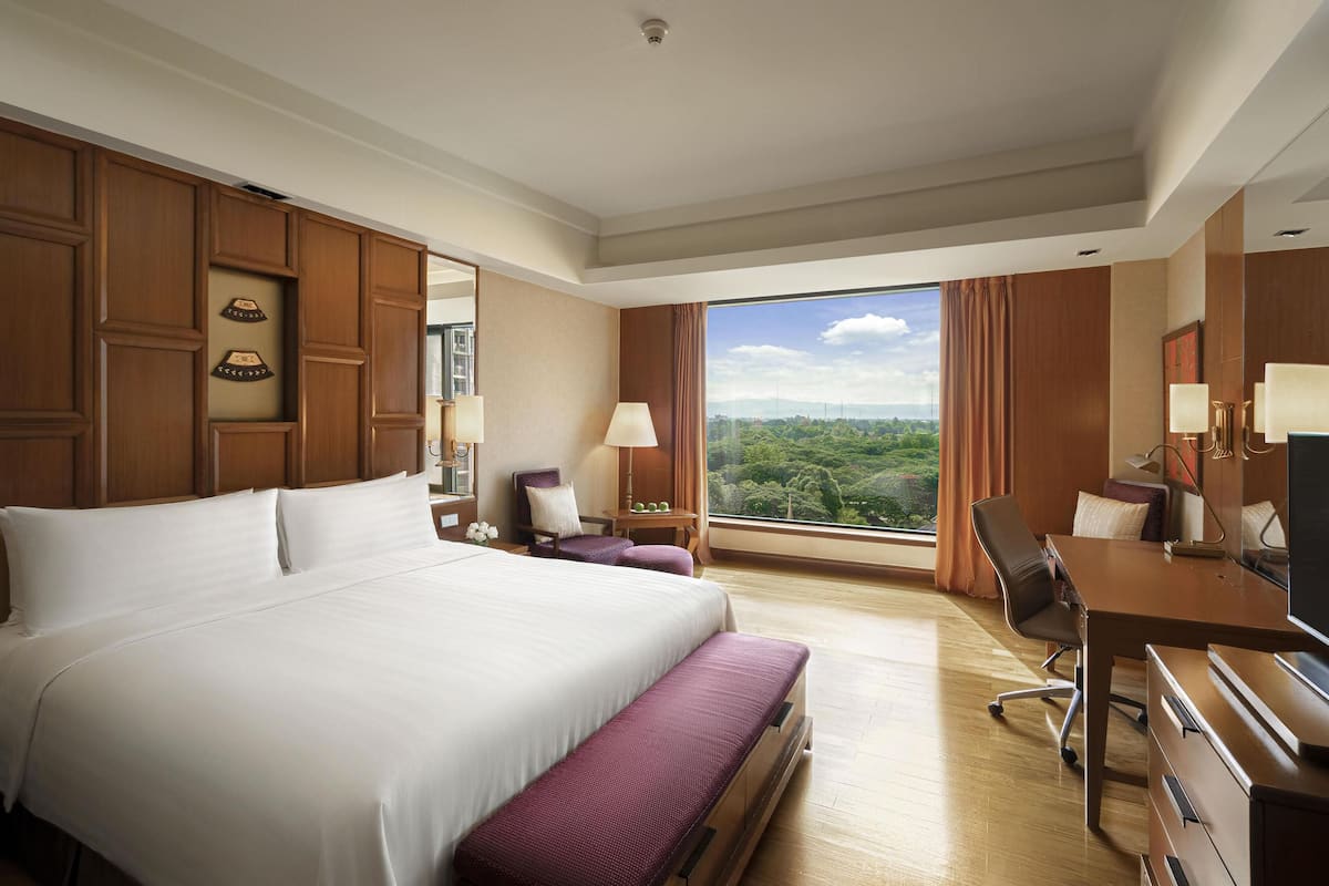 A hotel room with a large bed, a desk, a chair, a television, and a view of the outdoors.