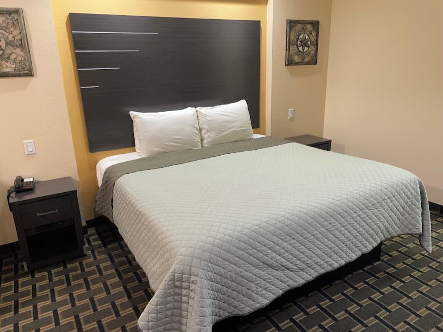 Een hotelkamer met een groot bed, een nachtkastje, een wandklok en een decoratief object aan de muur.