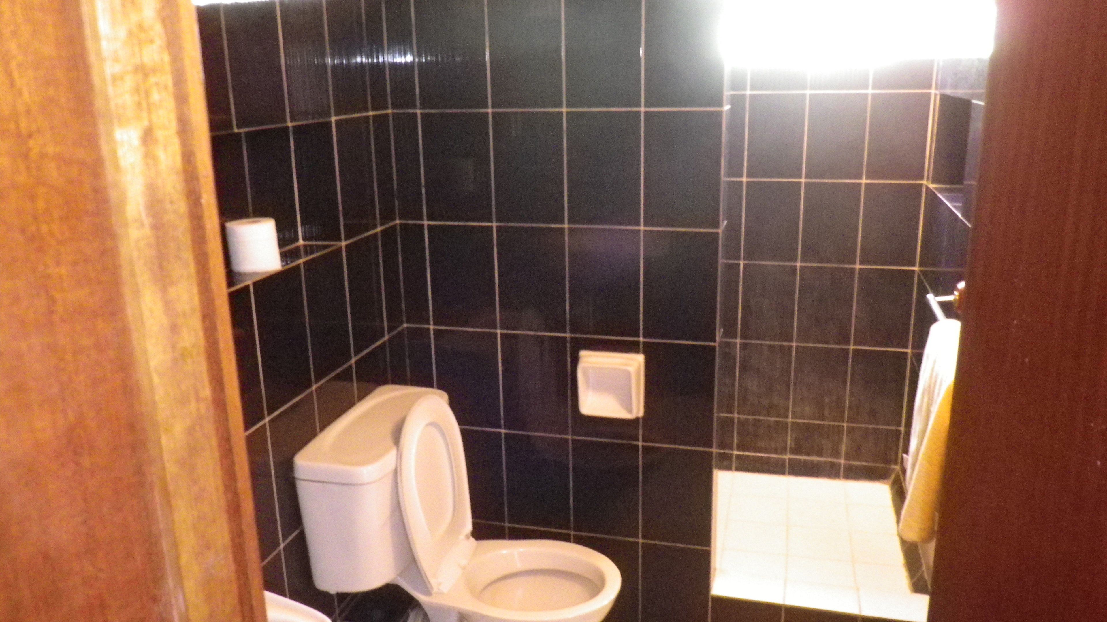 Une petite salle de bain avec des toilettes, un lavabo et un miroir.