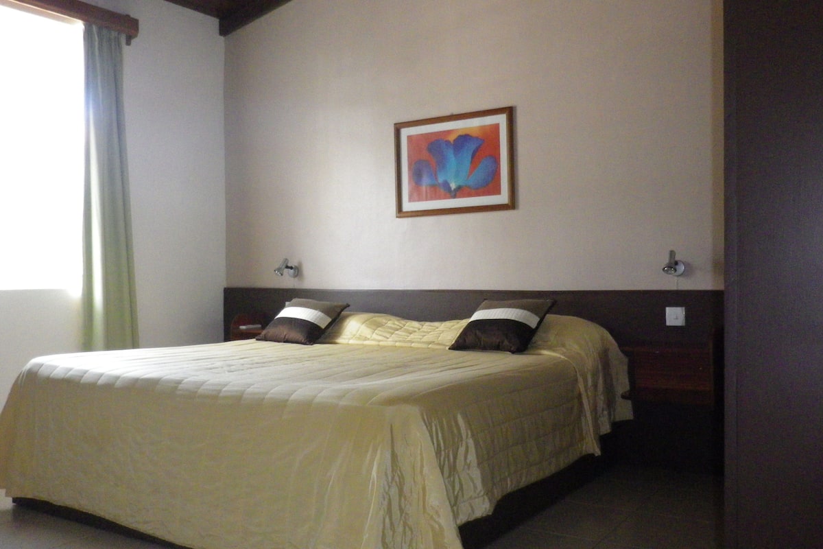 Een hotelkamer met een groot bed, een nachtkastje, een lijst met een foto aan de muur en een raam met gordijnen.