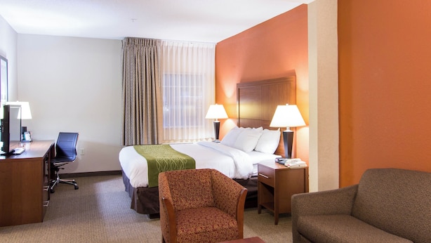 A hotel room with a bed, two bedside lamps, a desk with a computer, a chair, a sofa, and a window with curtains. - Comfort Inn & Suites Charleston Airport Convention Center (North Charleston)