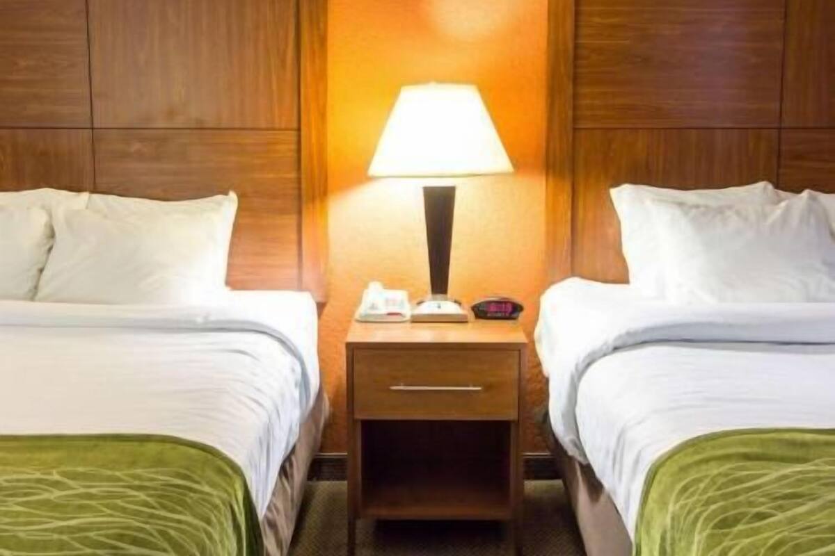 A hotel room with two beds, a nightstand with a lamp, and a telephone.