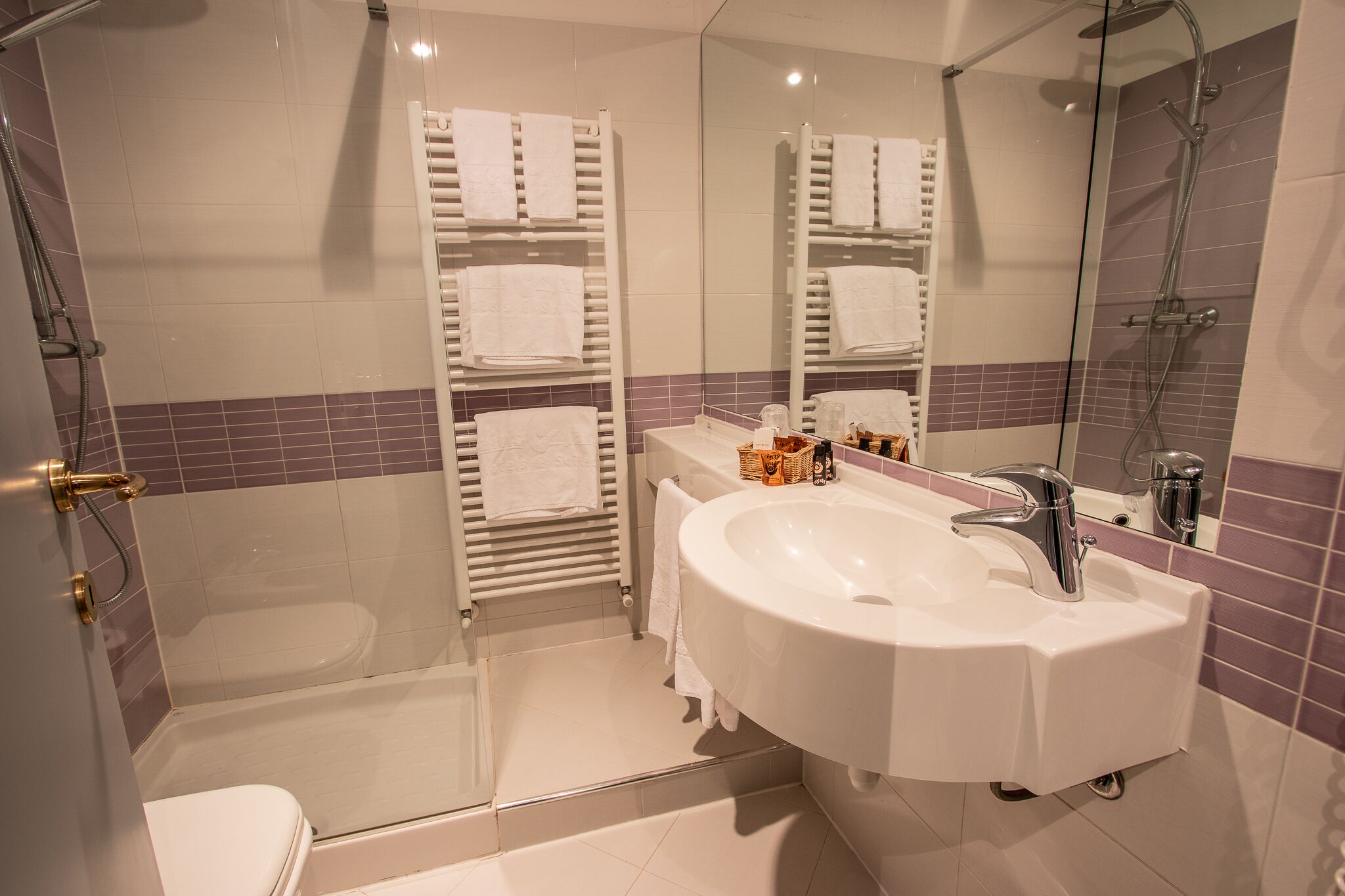 A modern bathroom with a glass-enclosed shower, a white sink, and a mirrored wall.