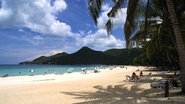 Une plage bordée d’une eau turquoise et limpide, de palmiers et dominée par un paysage montagneux.