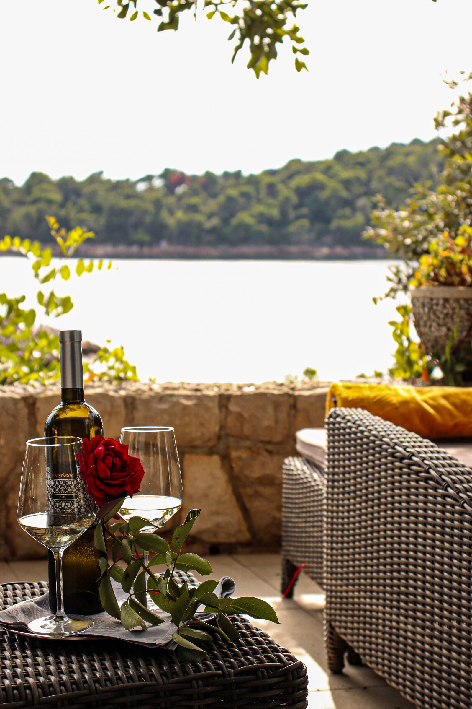Une table en osier avec une bouteille de vin et des verres, une rose rouge, et une vue sur un lac et la verdure environnante.