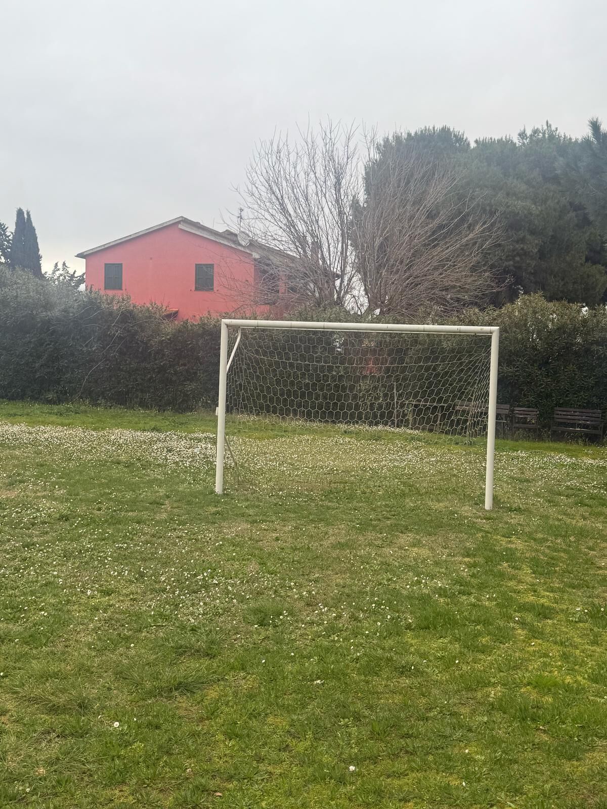 Un arco de fútbol en un campo cubierto de césped, con un edificio rosa al fondo.