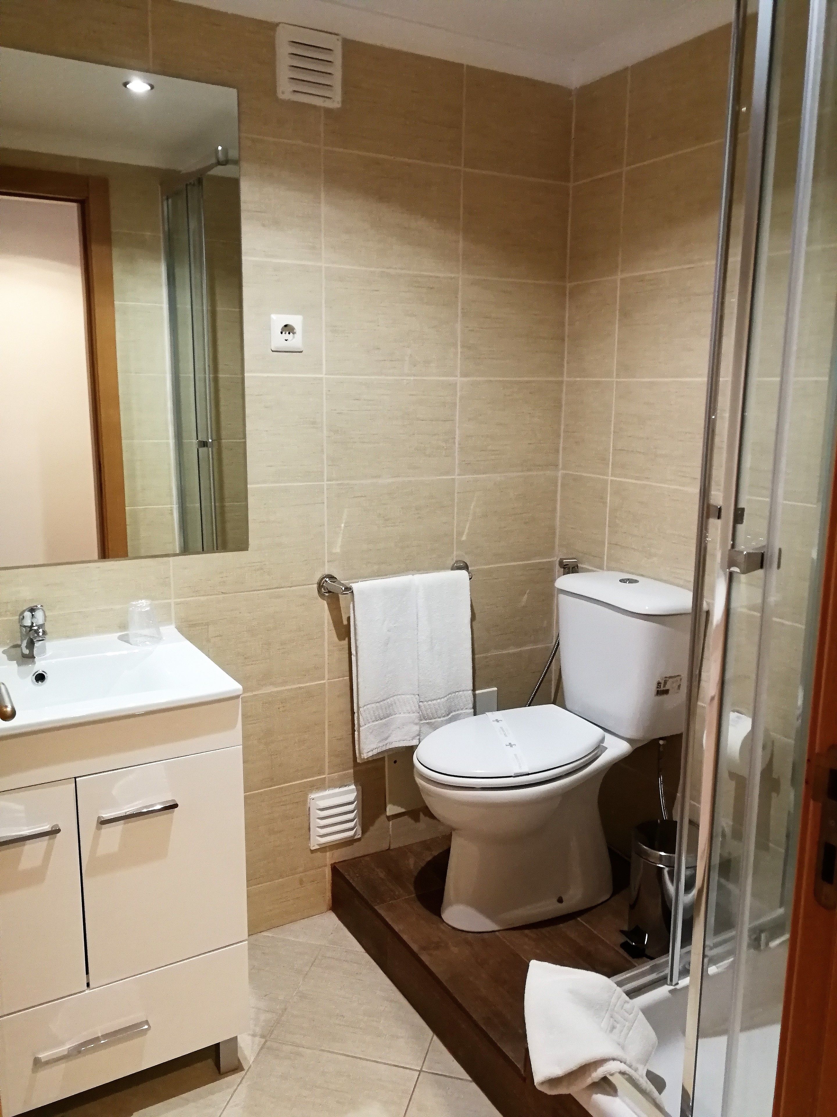 Une salle de bain équipée d’un lavabo, d’un miroir, de toilettes et d’une douche.