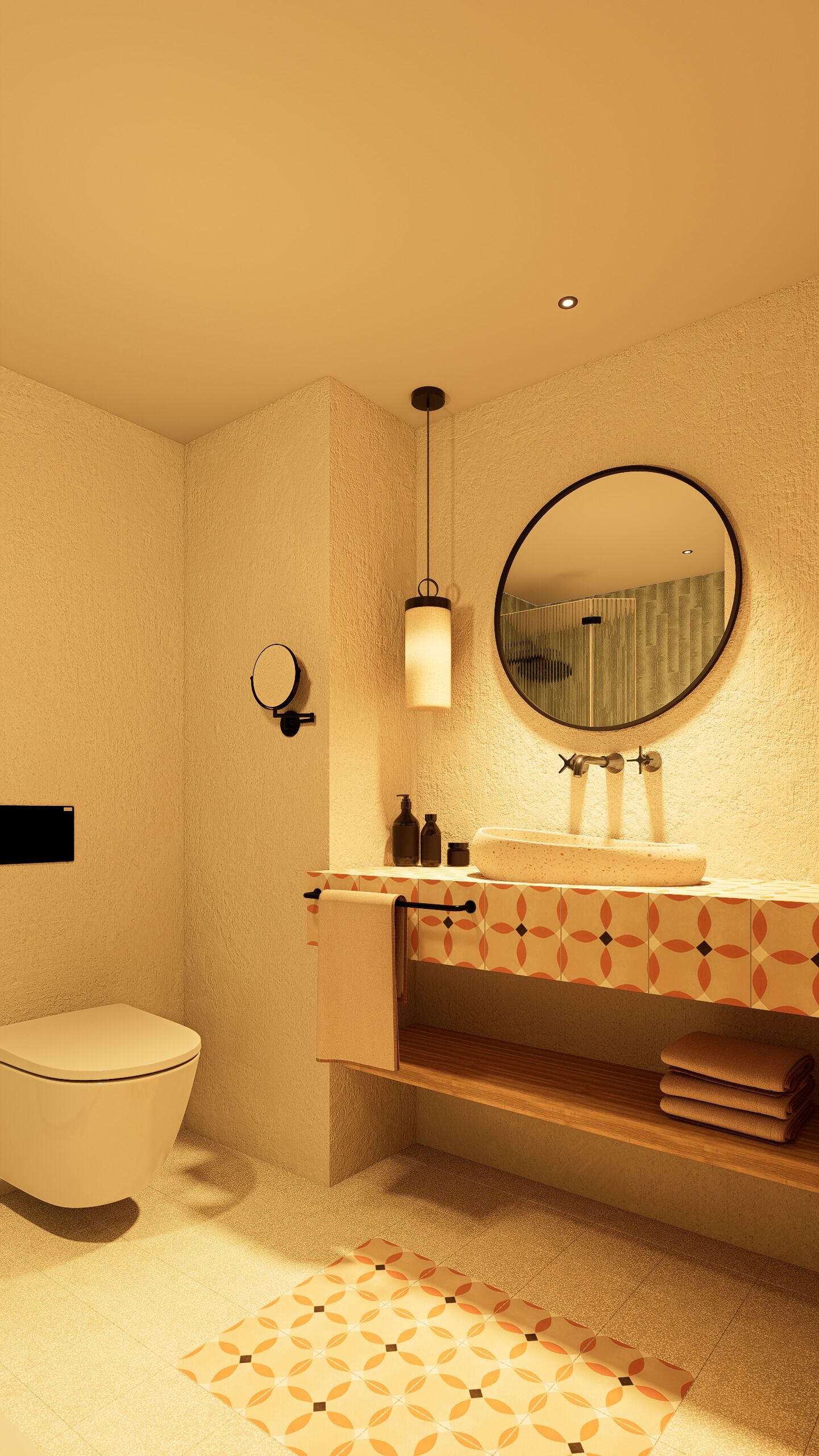 Separate tub and shower, hair dryer, soap, shampoo