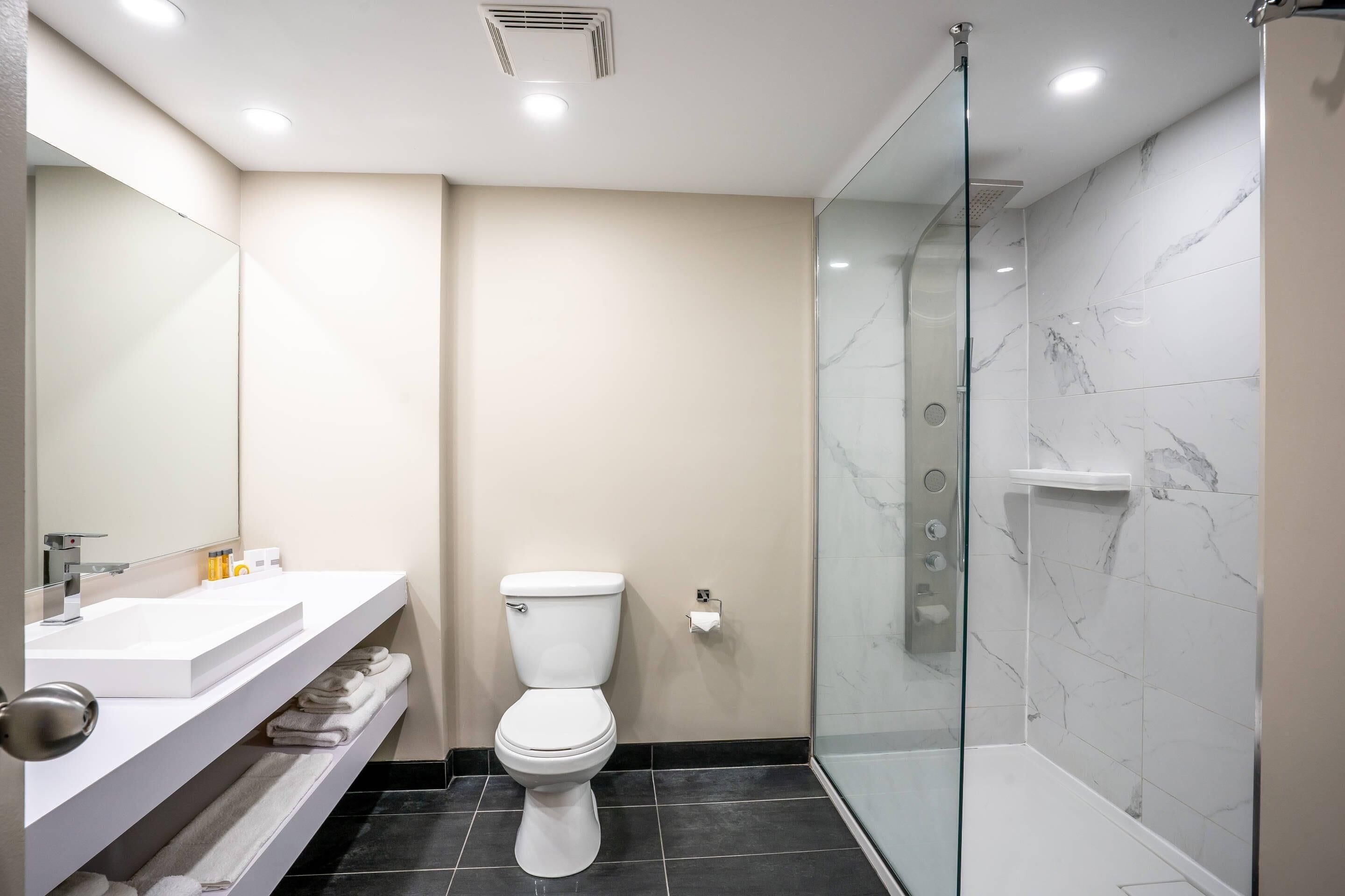 Ein modernes Badezimmer mit Waschbecken, Toilette und einer Duschkabine.