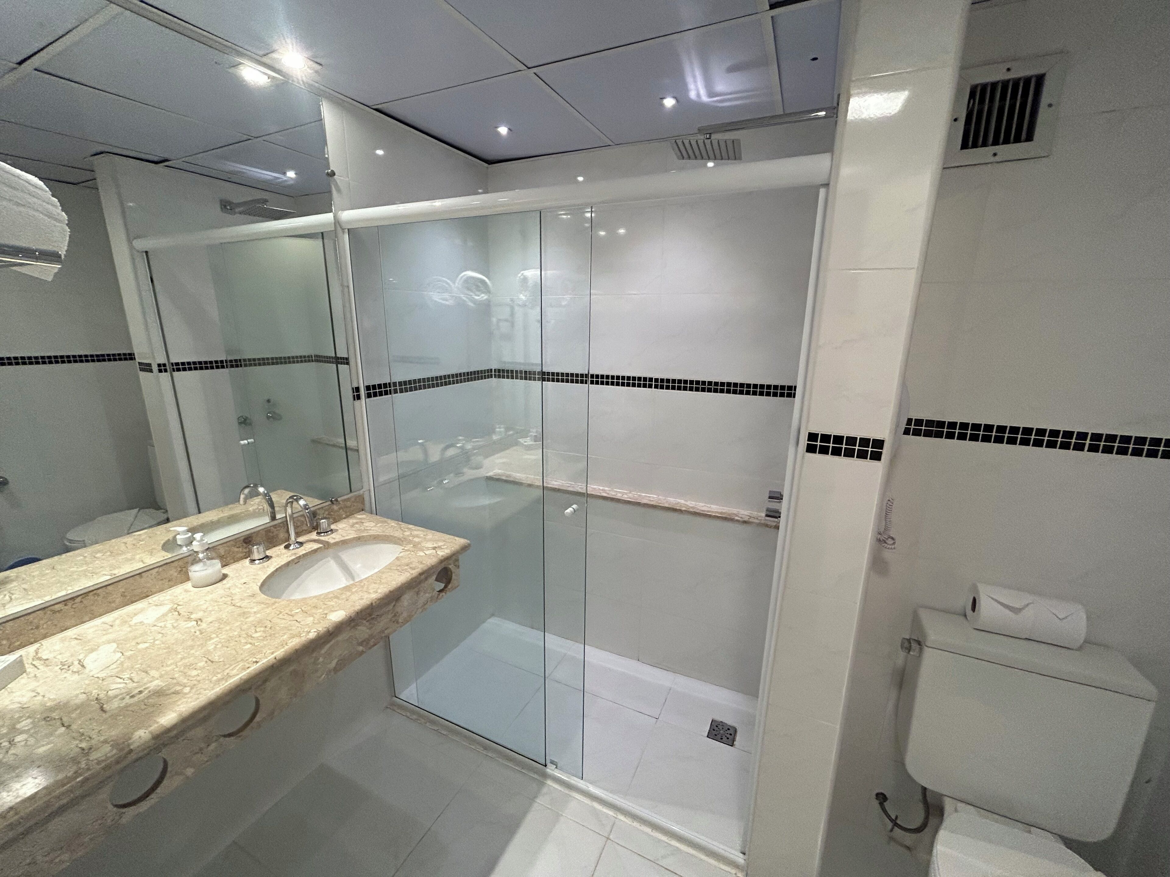 shower, free toiletries, hair dryer, towels