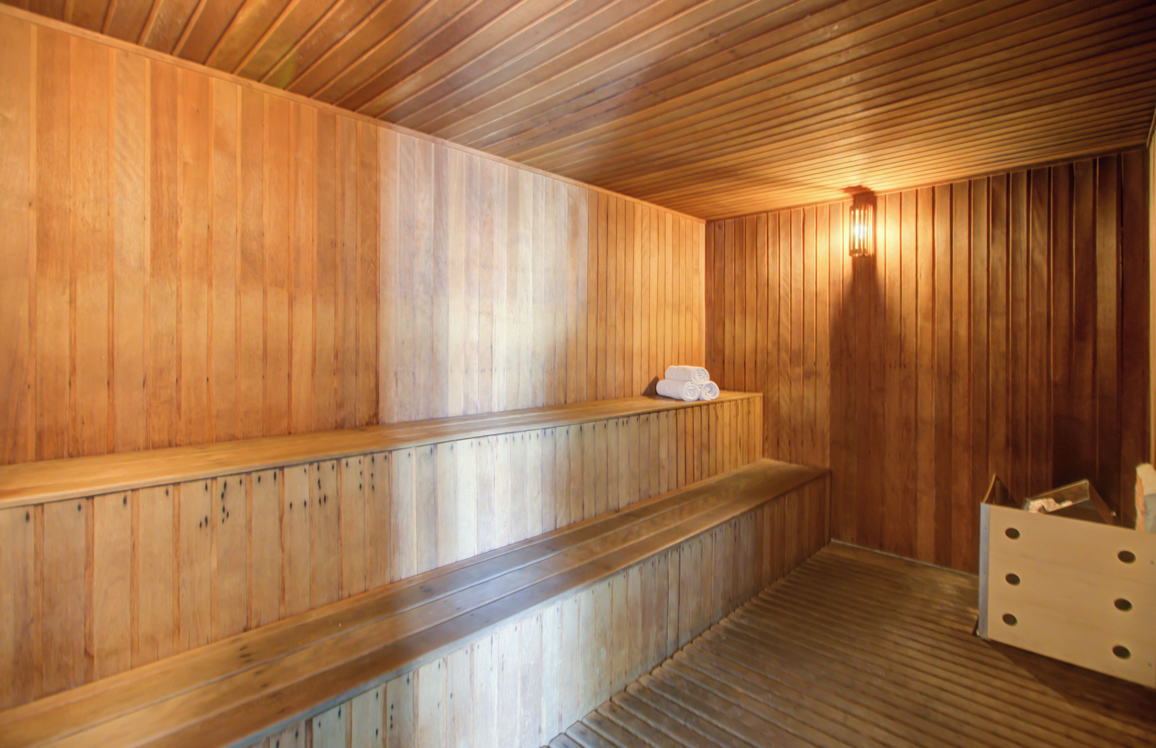 A sauna with wooden walls and benches, a light fixture, and a wooden box with holes.