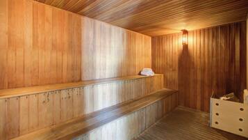 A sauna with wooden walls and benches, a light fixture, and a wooden box with holes.