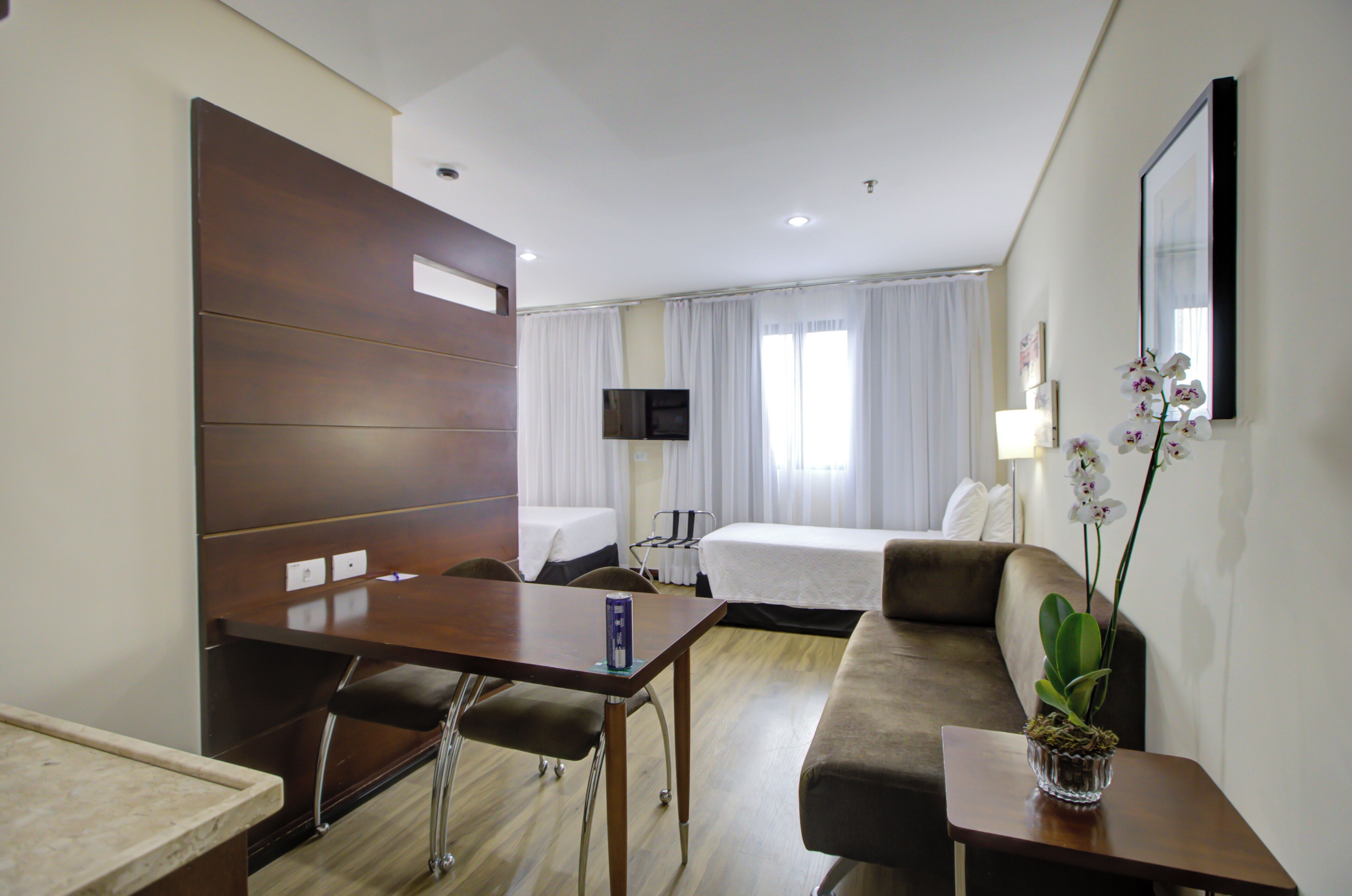 Habitación de hotel con cama, escritorio, silla, mesita con planta, televisor y ventana con cortinas.
