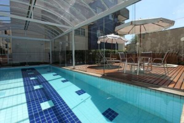 Indoor pool, outdoor pool, sun loungers