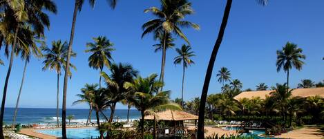 Outdoor pool, pool umbrellas, pool loungers