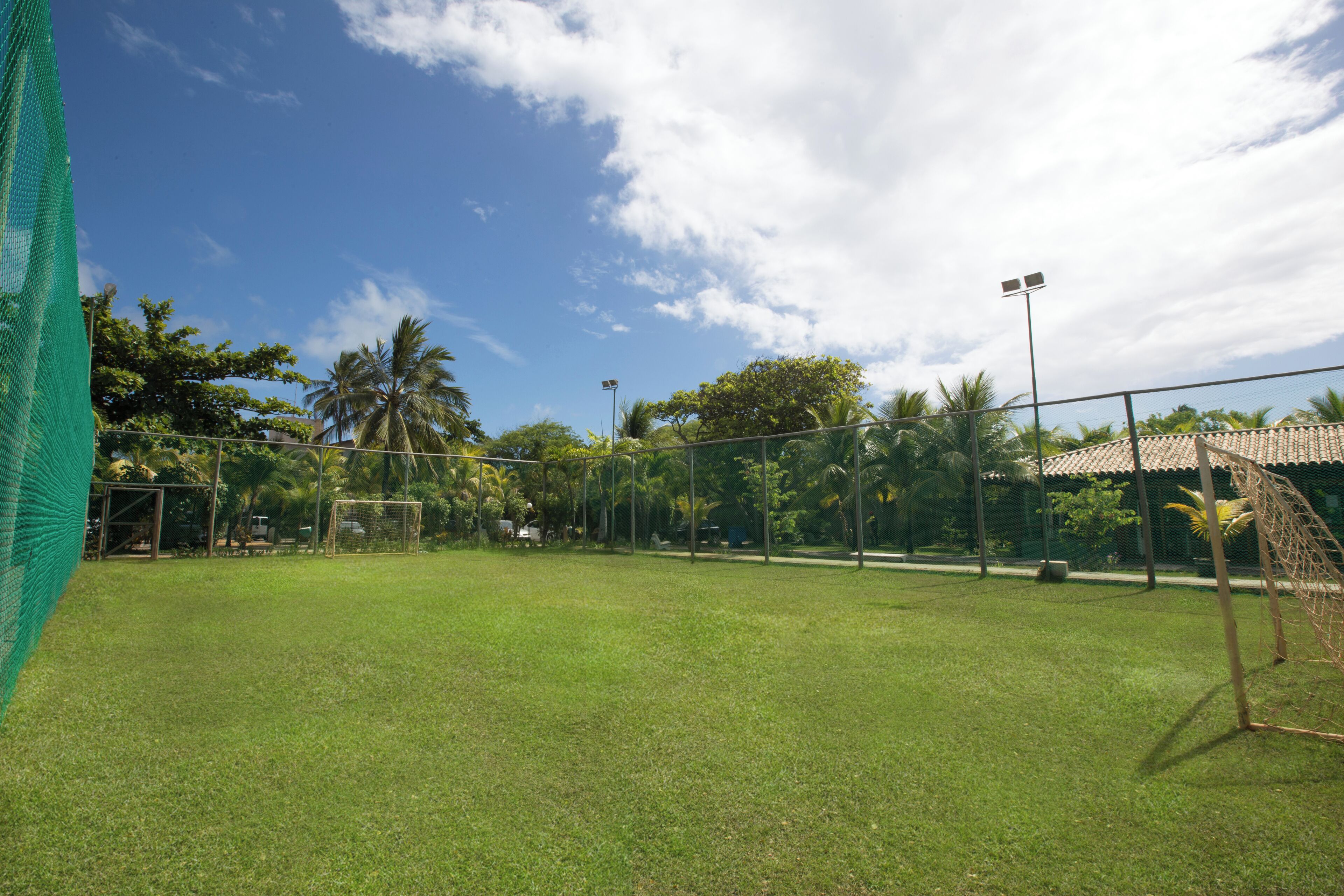 Un campo deportivo cubierto de césped con un arco y focos, rodeado de árboles y un edificio con tejado de baldosas.