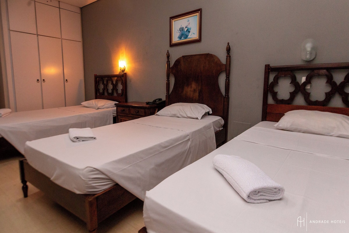 Une chambre d’hôtel avec deux lits simples, une armoire, une table de chevet avec une lampe et un tableau encadré au mur.