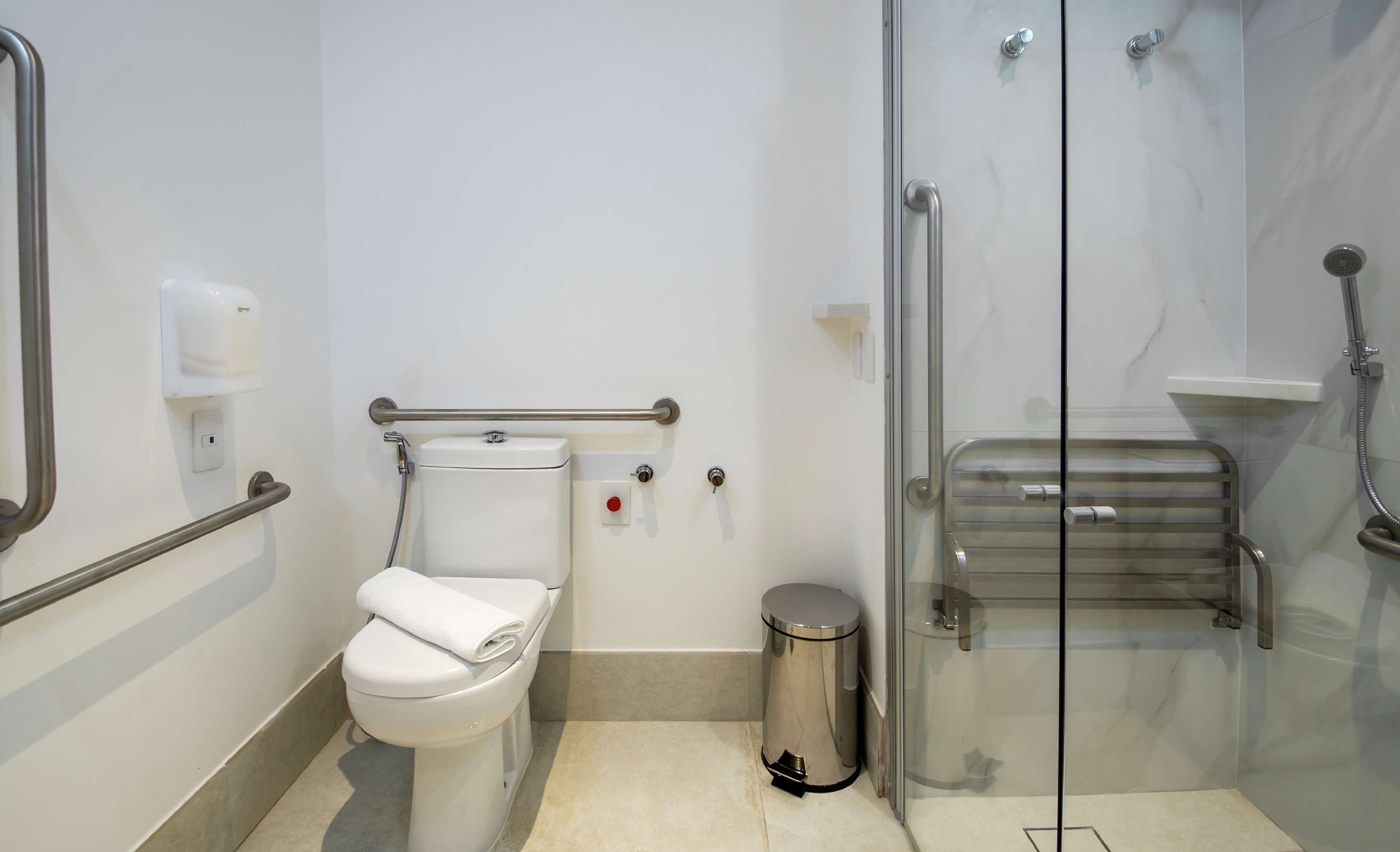 A modern bathroom with a toilet, a glass shower enclosure, and a handrail.