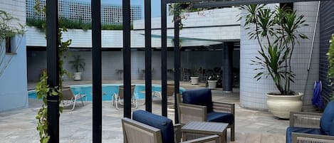 Outdoor pool, pool loungers