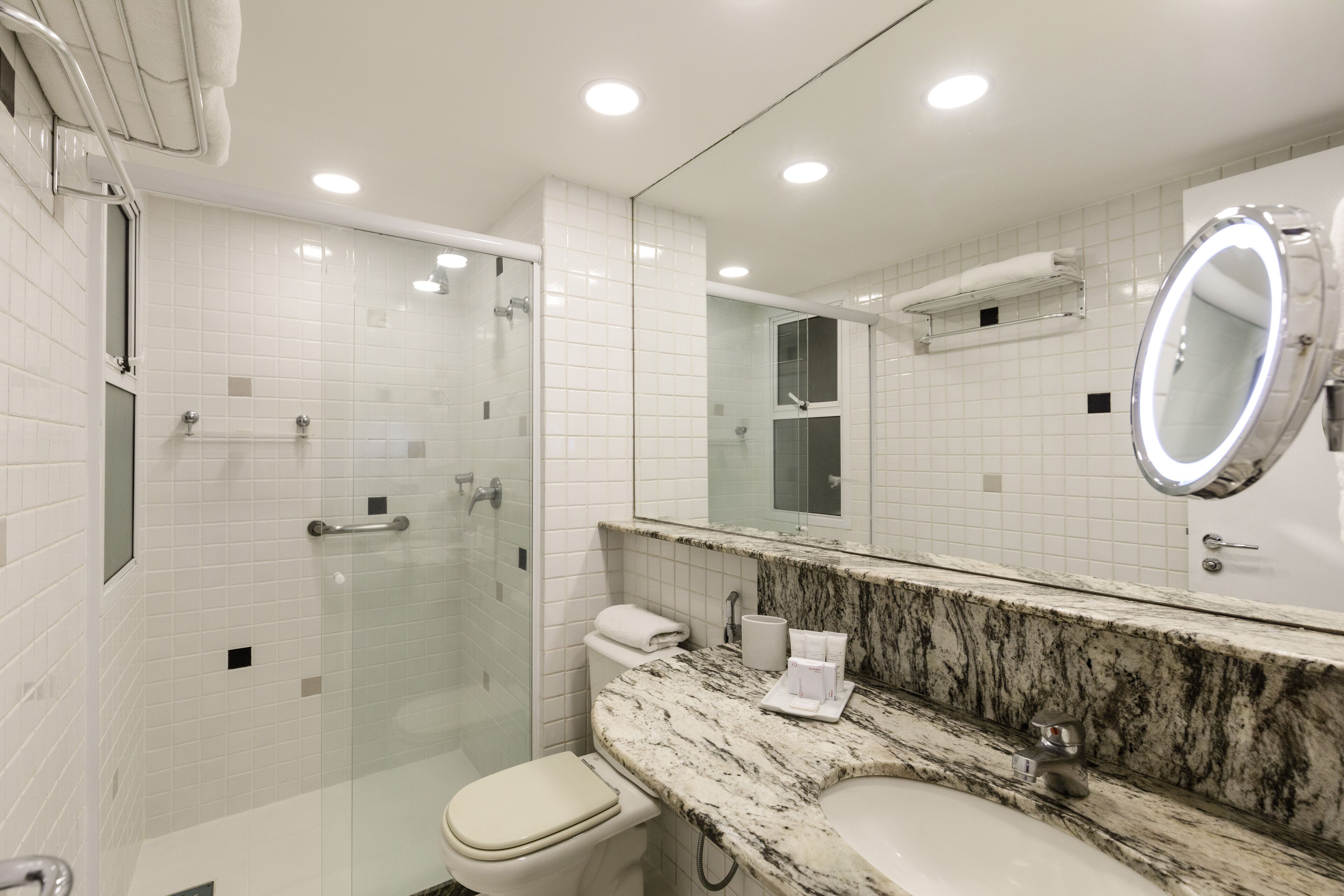 shower, free toiletries, hair dryer, towels