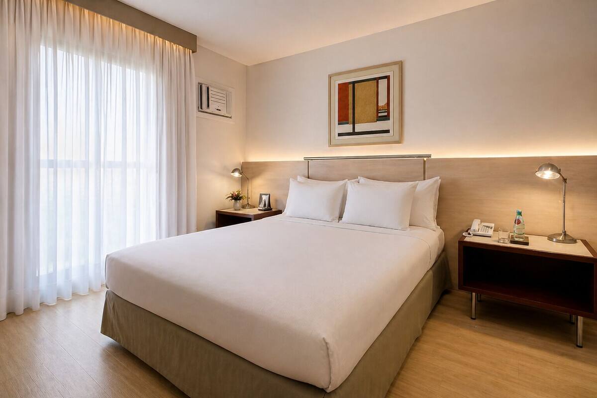 Ein Hotelzimmer mit einem großen Bett, zwei Nachttischen, einer Lampe, einem Telefon, einer Flasche und einem gerahmten Bild an der Wand.