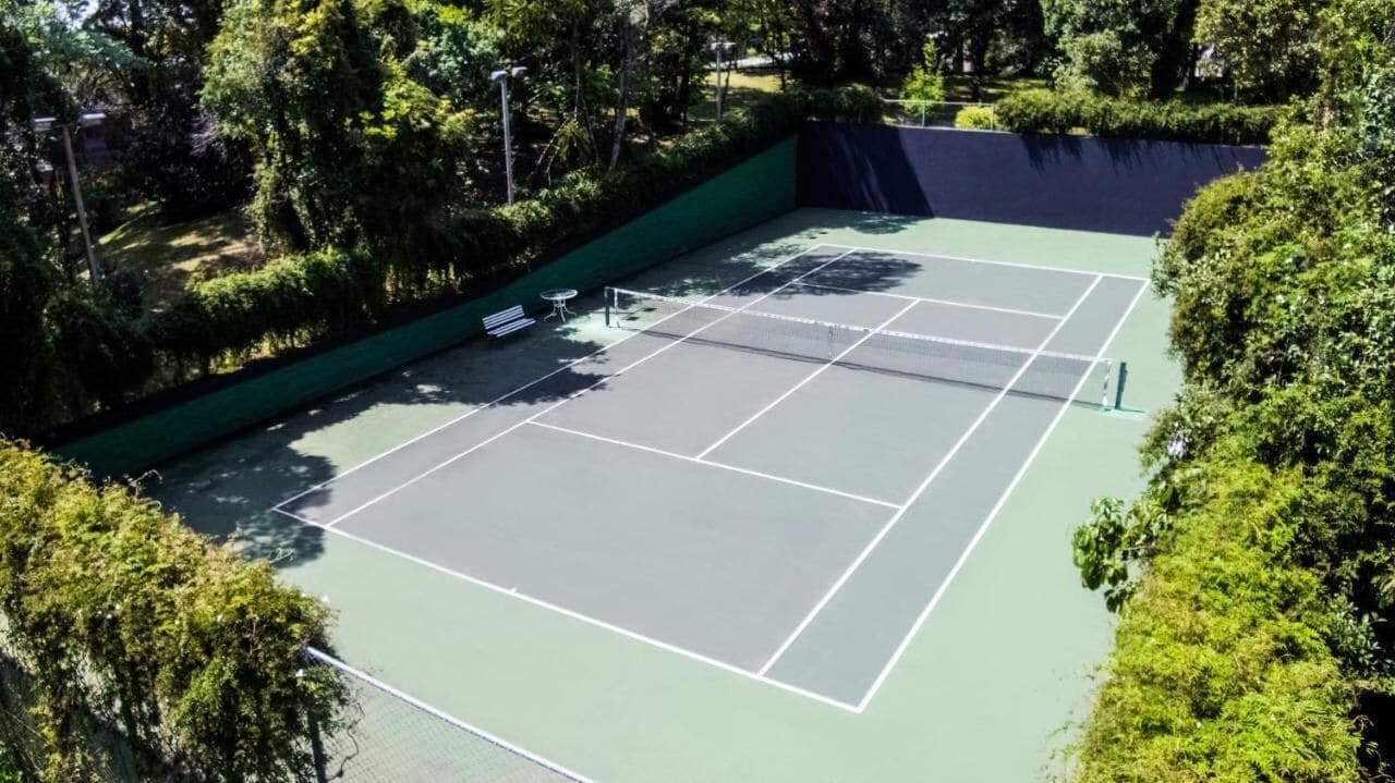 Un court de tennis entouré de verdure.