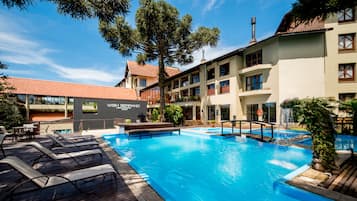 Indoor pool, outdoor pool, sun loungers