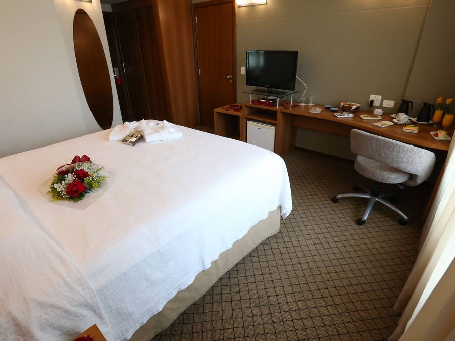 Una habitación de hotel con cama, escritorio, televisor y una silla.