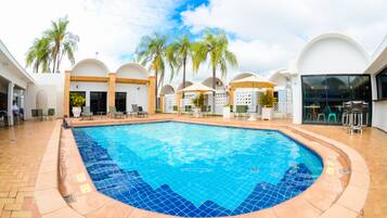 Outdoor pool, pool umbrellas, pool loungers