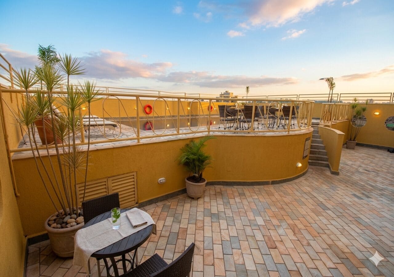 Una terraza en la azotea con un muro curvo, plantas en macetas, una mesa con sillas y vistas del horizonte urbano.