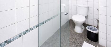 A bathroom with a glass shower enclosure, a white toilet, and a trash bin.