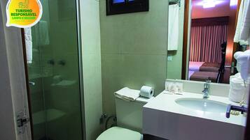 A bathroom with a glass shower enclosure, a toilet, a sink, and a mirror.