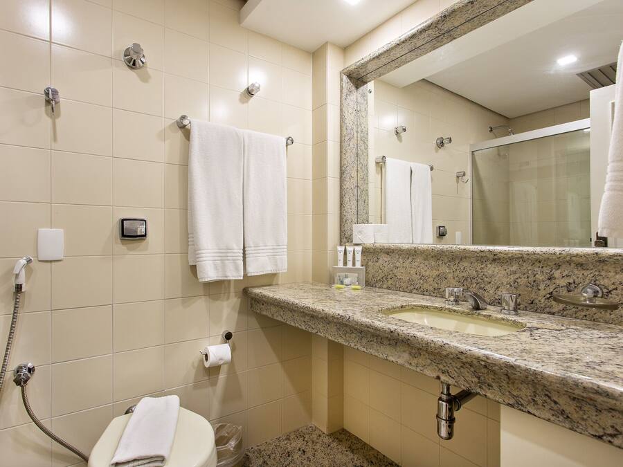 Un baño con lavamanos, espejo, toallero, inodoro y ducha.
