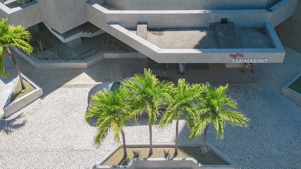 Una piscina en la azotea con sillones de descanso y palmeras, rodeada de edificios modernos.