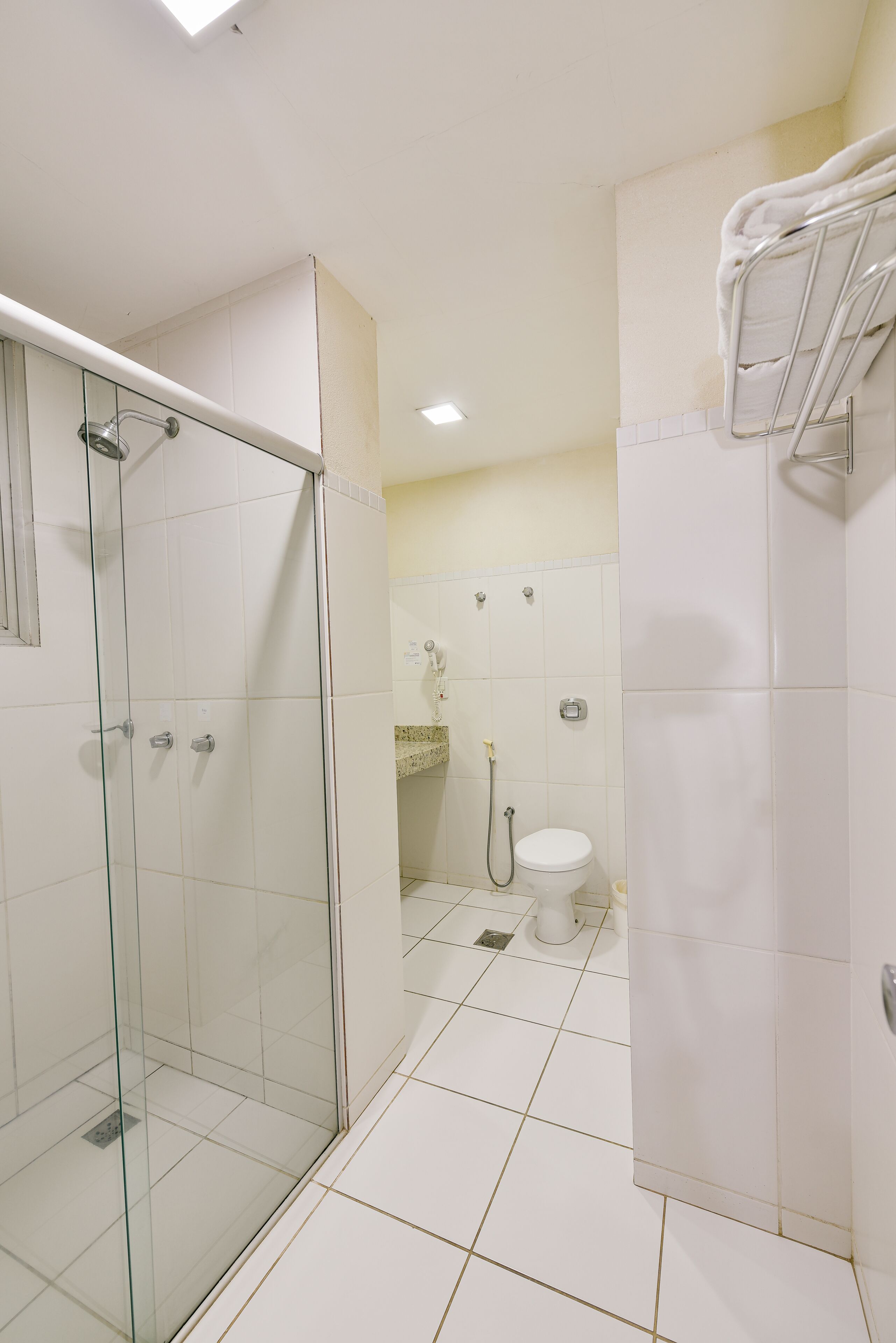 Un baño moderno con ducha envuelta en vidrio, inodoro y perchero.