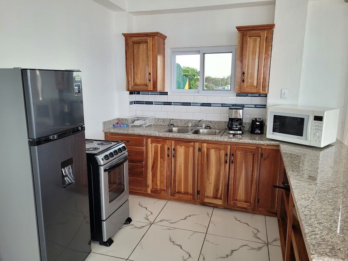 Una cocina con armarios de madera, un refrigerador de acero inoxidable, una estufa, un lavamanos y un microondas.