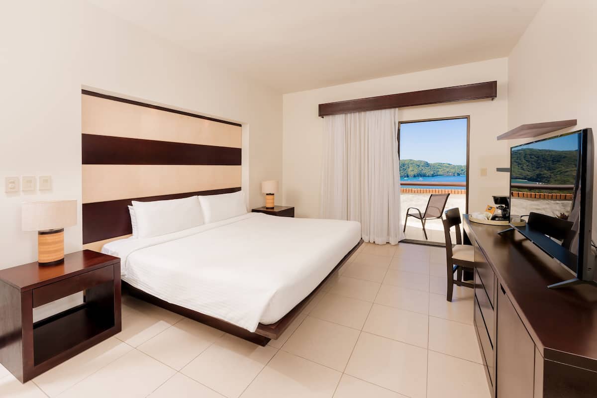 A hotel room with a large bed, a TV, a desk, and a view of the outdoors.