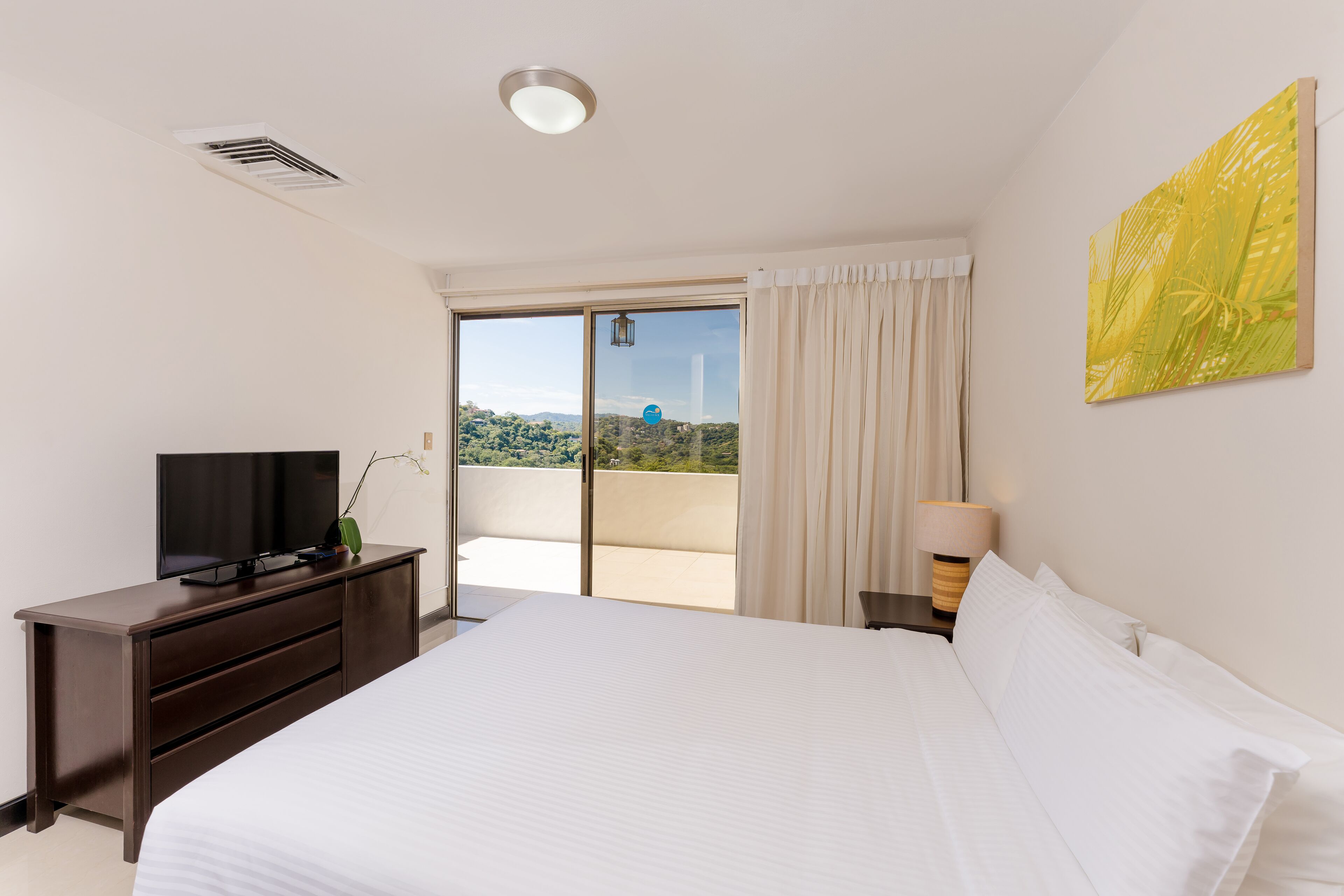 A hotel room with a bed, a TV on a dresser, a lamp, and a view of the outdoors.