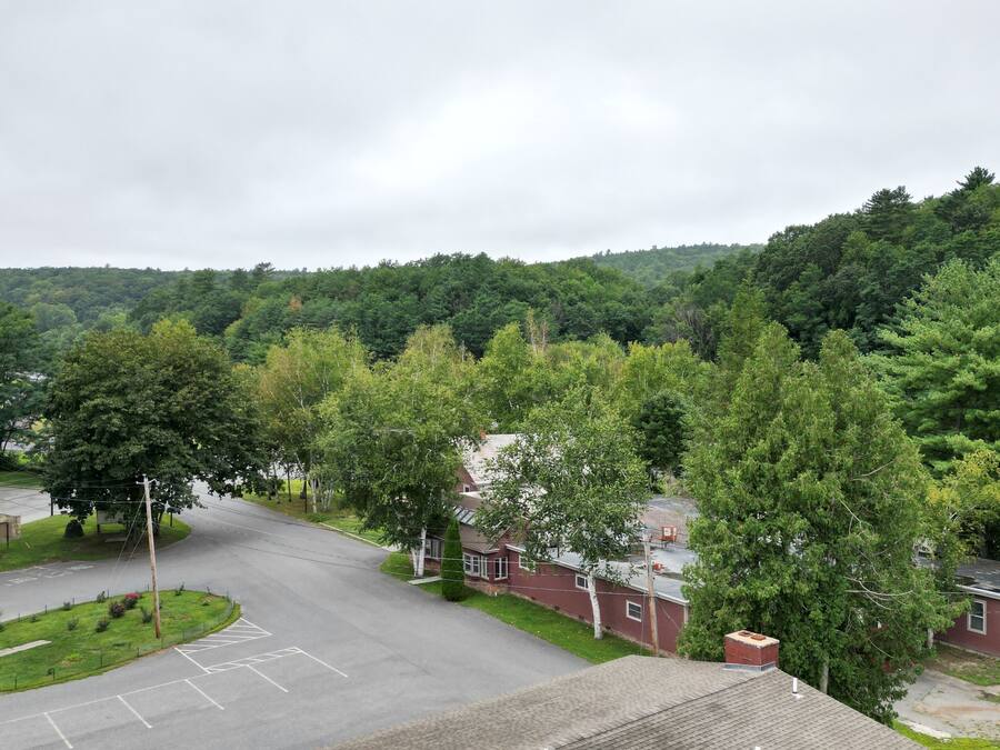 A residential area with a parking lot, houses, and dense forest in the background.
