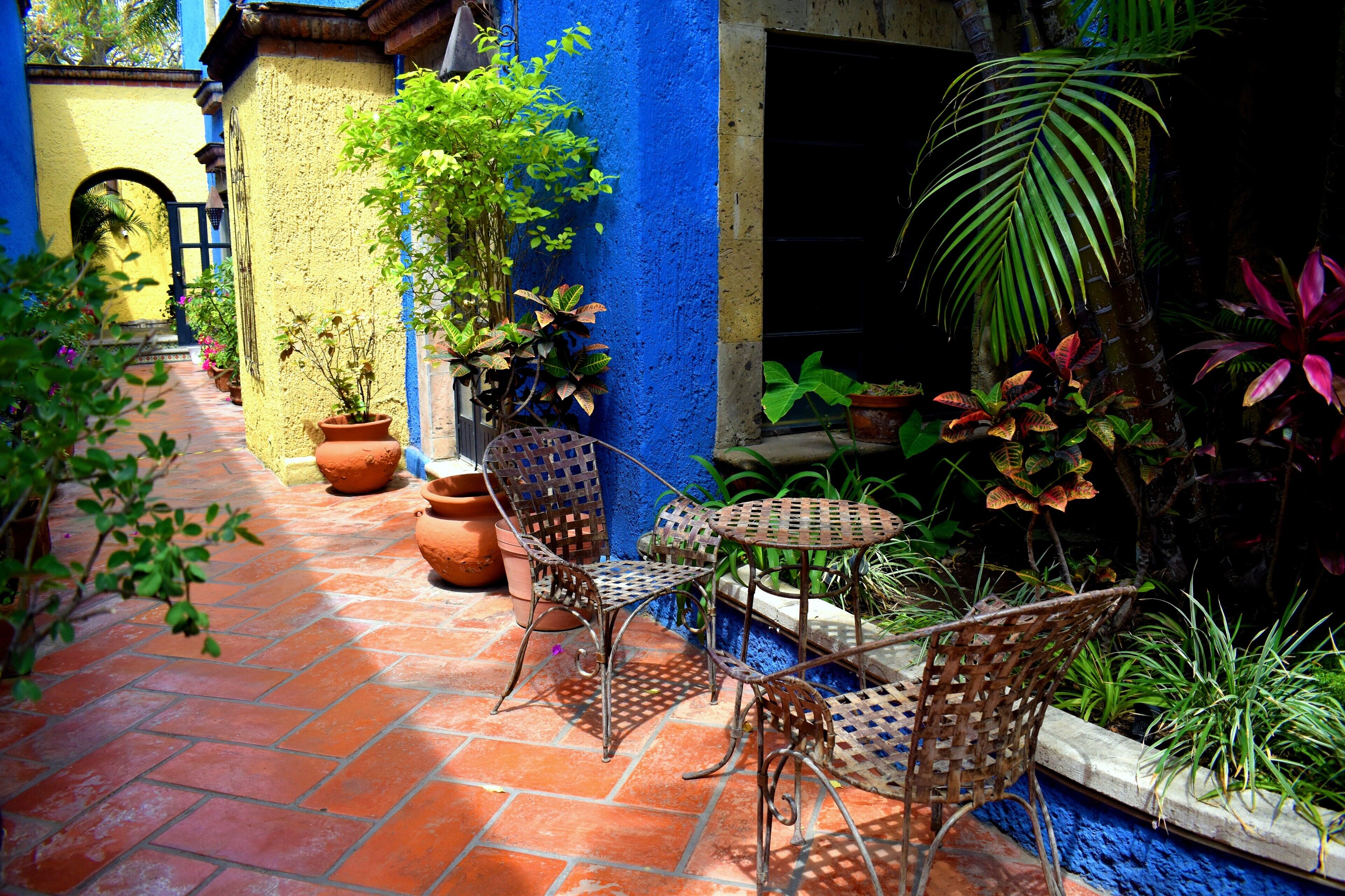 A patio with terracotta tiles, wicker chairs, and potted plants.