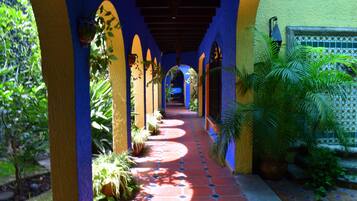 A corridor with blue and yellow walls, tiled floor, and potted plants.
