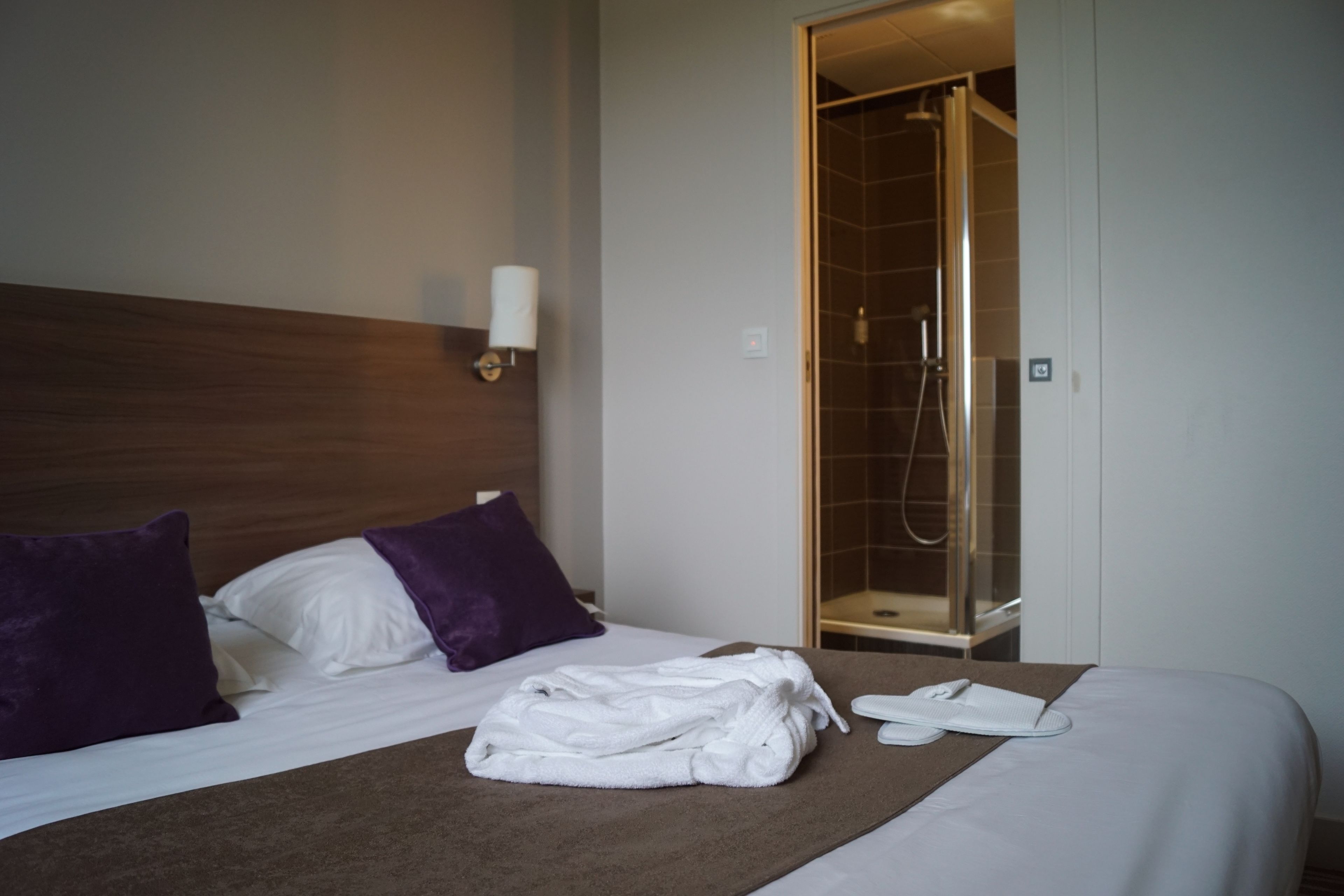Une chambre d’hôtel avec un lit, un peignoir et un espace douche.